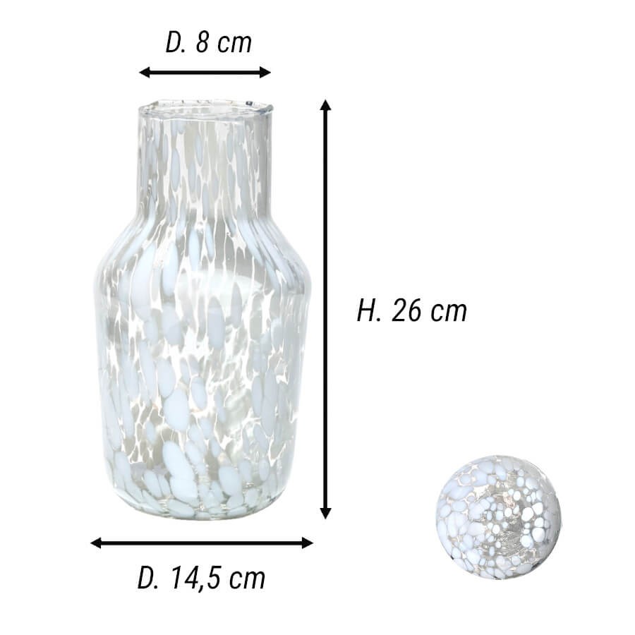 Schéma technique et dimensions du vase : Hauteur 26 cm, diamètre base 14,5 cm, diamètre col 8 cm Deco Delight.
