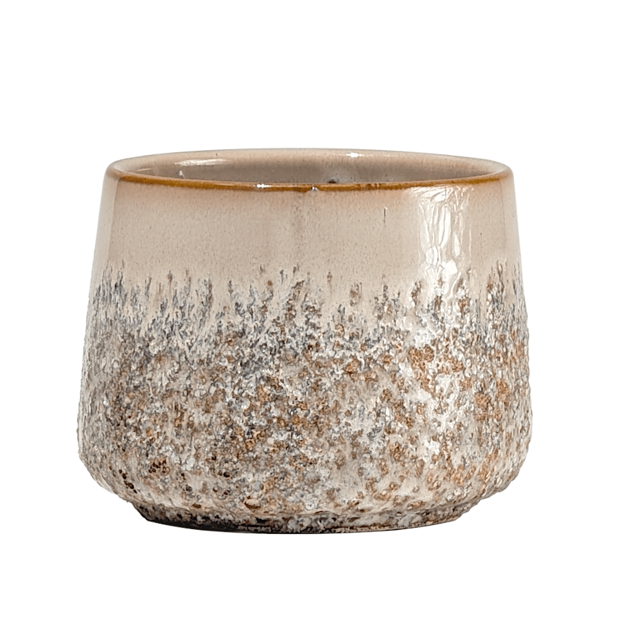 Cache-pot en céramique texturée bicolore beige et marron H9 cm Deco Delight.