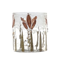 Photophore en verre transparent avec vraies pétales et feuilles d'automne vernies H9 cm.