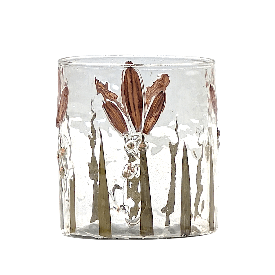 Photophore en verre transparent avec vraies pétales et feuilles d'automne vernies H9 cm.