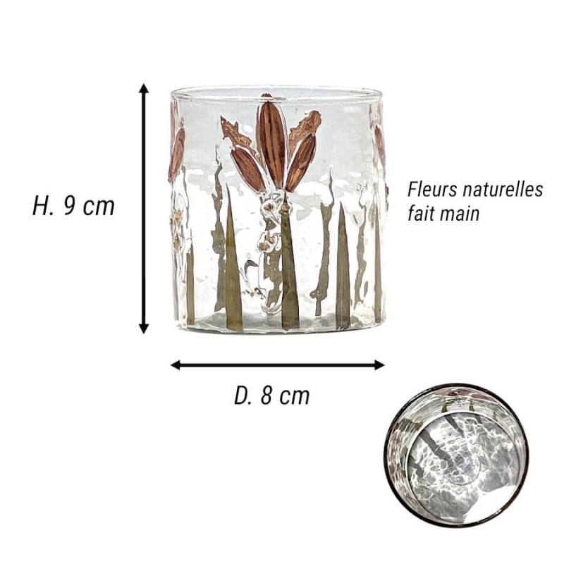 Schéma et dimensions du photophore : Hauteur 9 cm, Diamètre 8 cm avec mention fleurs naturelles fait main.