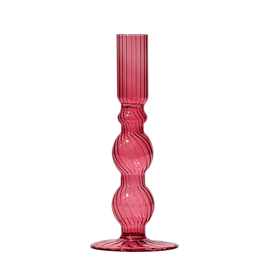 Bougeoir en verre teinté rose framboise strié et torsadé H18 cm du catalogue Deco-Delight.