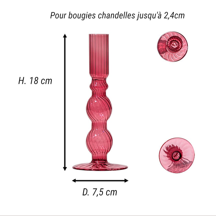 Schéma avec les dimensions du bougeoir : Hauteur 18 cm, Diamètre base 7,5 cm, Diamètre bougie 2,4 cm.