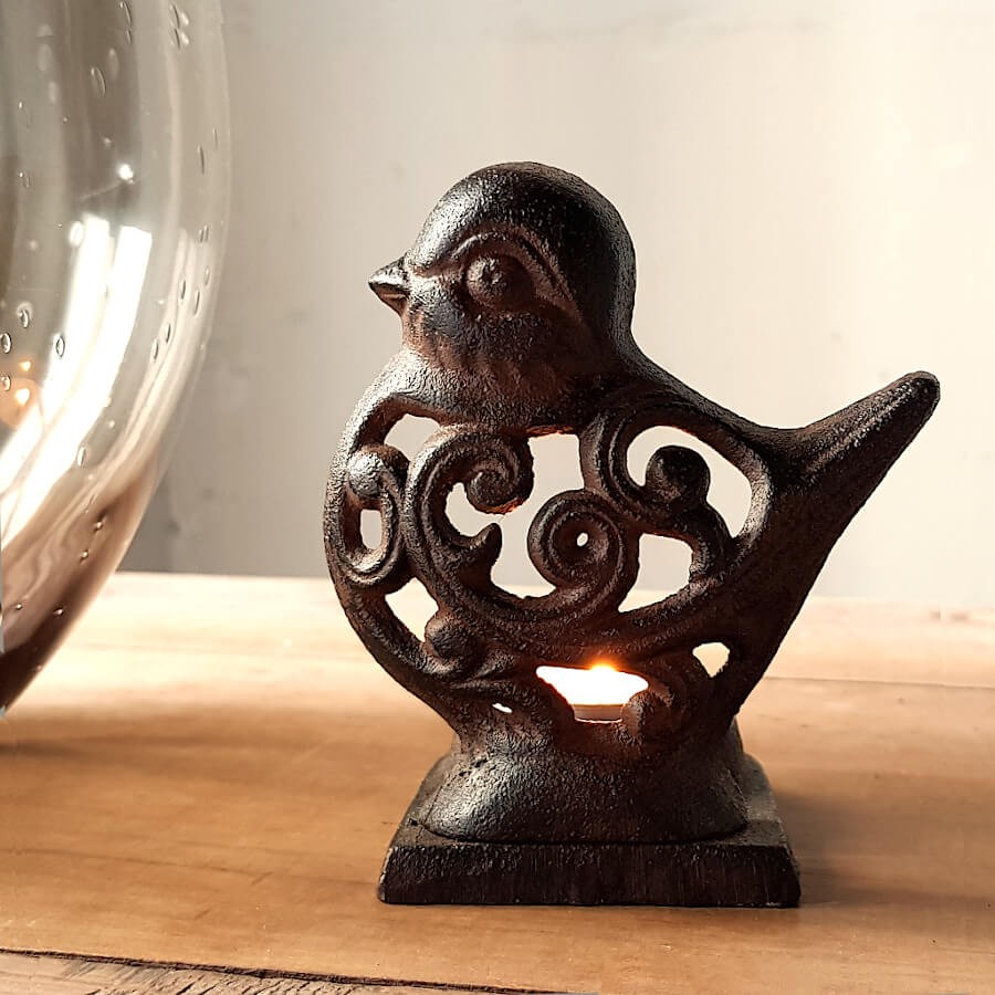 Bougeoir oiseau en fonte brun foncé  | Deco-Delight.com