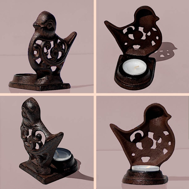 Bougeoir oiseau en fonte brun foncé  | Deco-Delight.com
