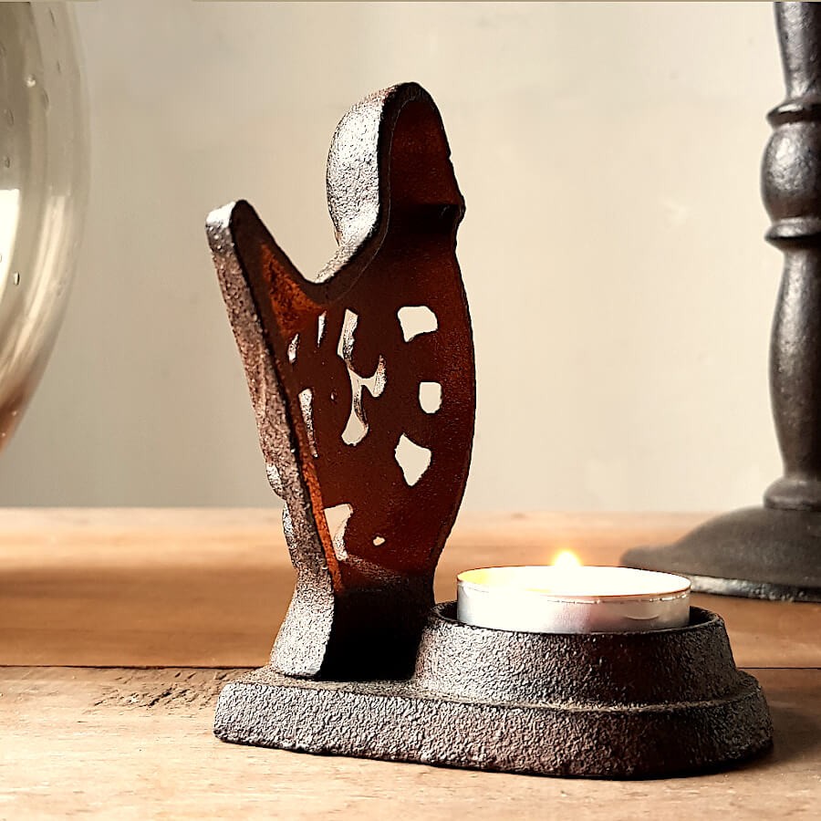 Bougeoir oiseau en fonte brun foncé  | Deco-Delight.com
